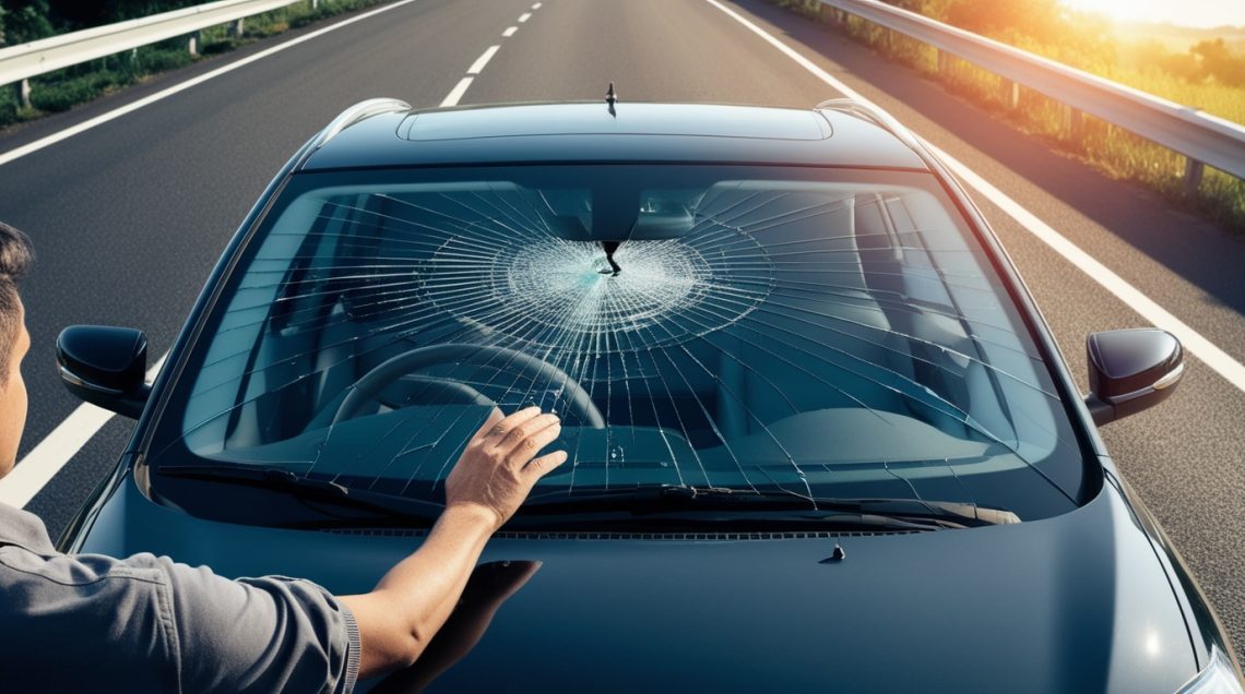 Водитель осматривает треснувшее автостекло на дороге