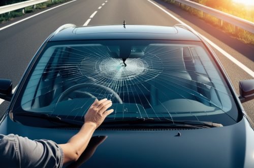 Водитель осматривает треснувшее автостекло на дороге